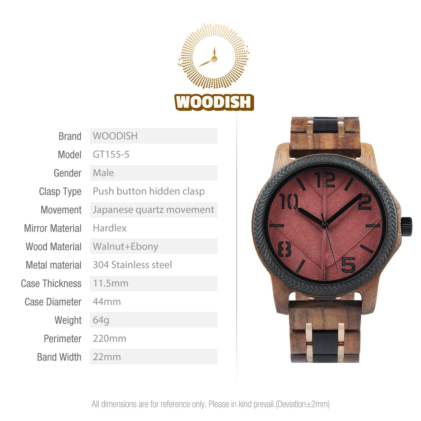 Unique Male Walnut & Eboy Wooden Watch GT155-5 Men's watch Bobo Bird 